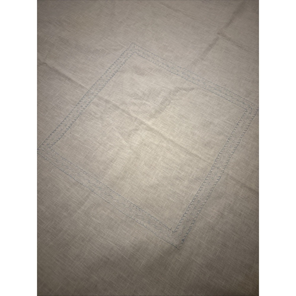 Vintage Hand Embroidered Linen Heavy White Tablecloth Light Blue 49.5" X 49.5